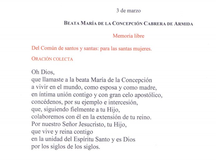 Oración Colecta de la Memoria de la beata Concepción Cabrera.