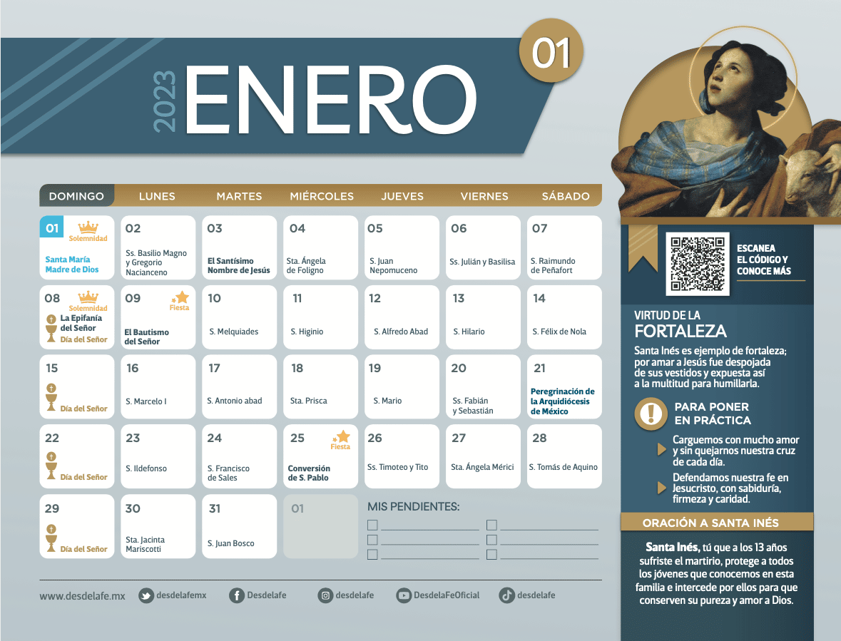 Calendario Enero 2023 con santoral