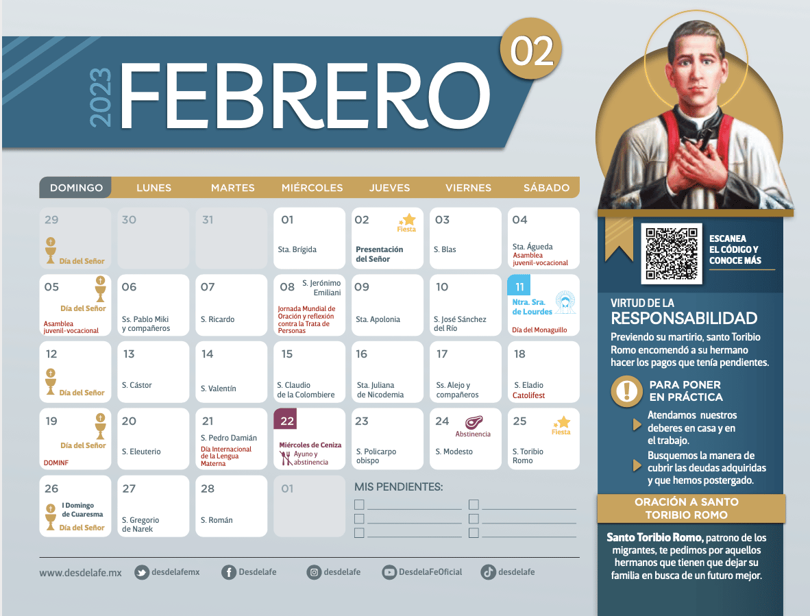 Calendario de febrero de 2023 / Fuente: Desde la fe