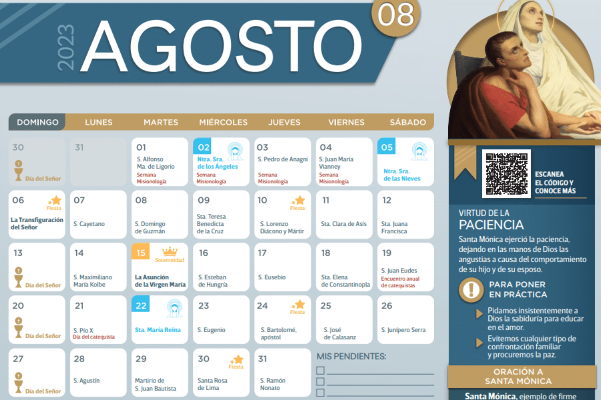 Calendario Agosto 2023 con fiestas religiosas para descargar