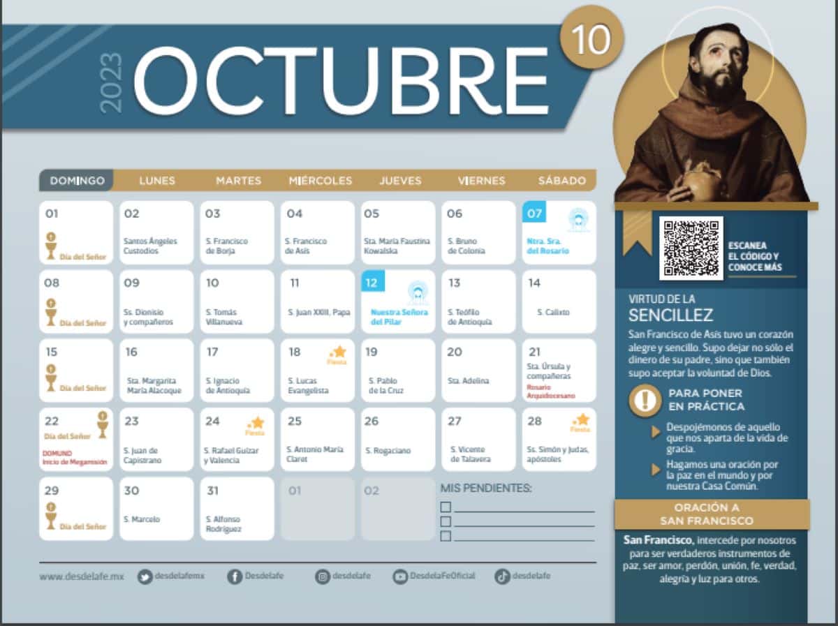 Calendario Octubre 2023 con festivos para descargar e imprimir gratis