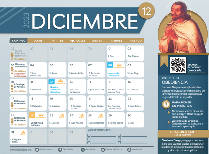 Calendario de Diciembre 2023 con festivos para descargar e imprimir gratis