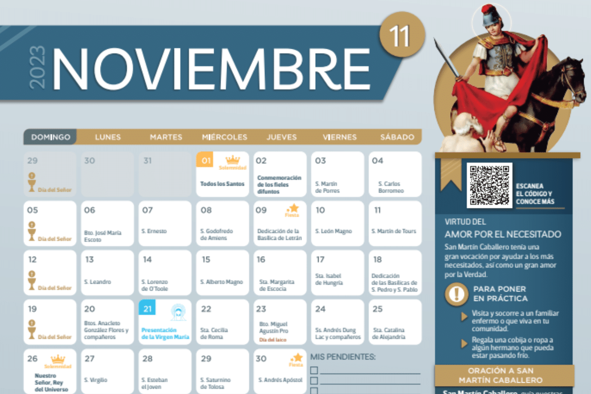 Calendario de Noviembre 2023 con festivos para descargar e imprimir gratis